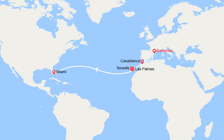 Carte itinéraire croisière Transatlantique : De Barcelone à Miami