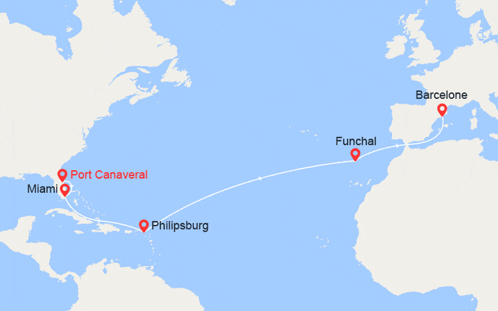 Carte itinéraire croisière Transatlantique : de Floride en Espagne