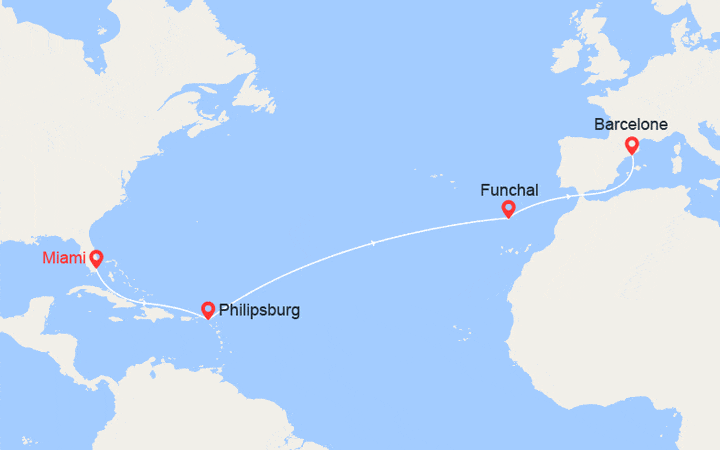 Carte itinéraire croisière Transatlantique : de Floride en Espagne