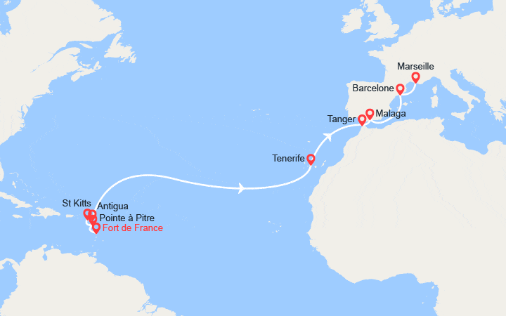 Carte itinéraire croisière Transatlantique : De Fort-de-France à Marseille