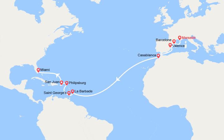 Carte itinéraire croisière Transatlantique : de France en Floride