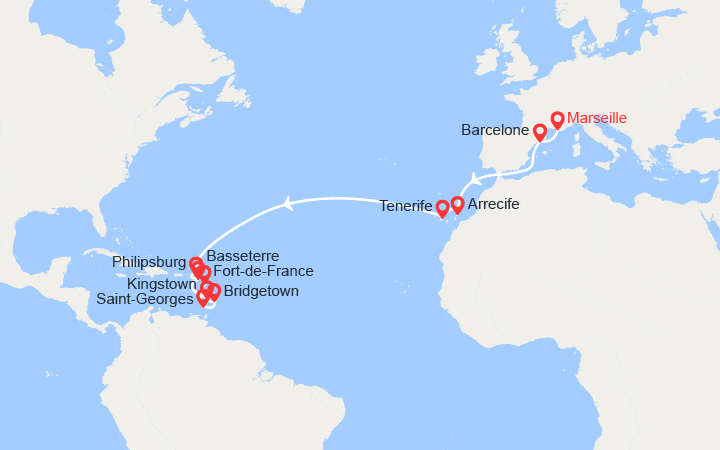 Carte itinéraire croisière Transatlantique : de Marseille à la Martinique