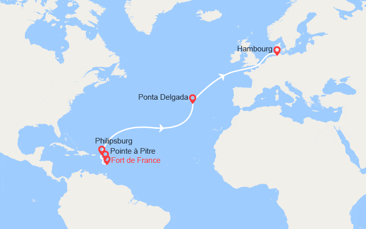 Carte itinéraire croisière Transatlantique : de Martinique en Allemagne