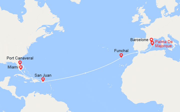 Carte itinéraire croisière Transatlantique : des Baléares en Floride