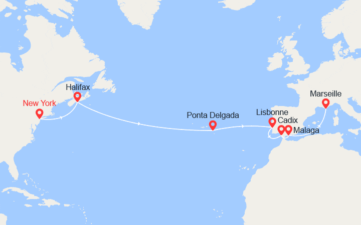 Carte itinéraire croisière Transatlantique : des États-Unis en Provence