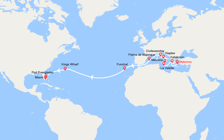 Carte itinéraire croisière Transatlantique : du Pirée à Miami