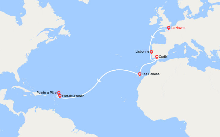 Carte itinéraire croisière Transatlantique vers les Antilles: du Havre à la Guadeloupe