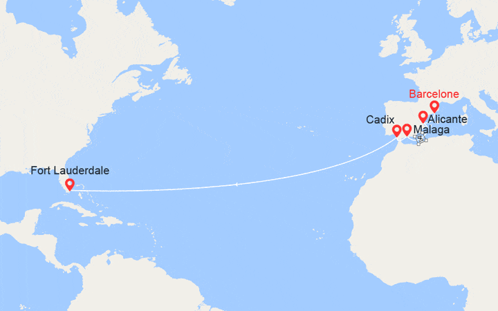 Carte itinéraire croisière Traversée Atlantique : de Barcelone à Fort Lauderdale