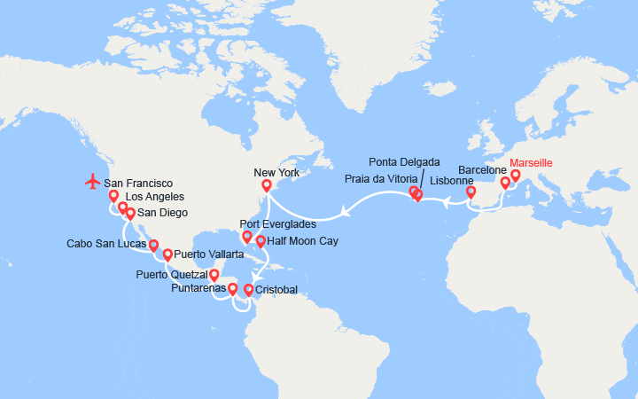 Carte itinéraire croisière Tronçon de Tour du Monde 2027 : de Marseille à San Francisco - Vol Retour Inclus