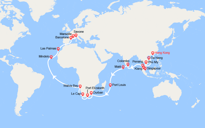 Carte itinéraire croisière Tronçon du Tour du Monde 2026 : de Hong Kong à Savone