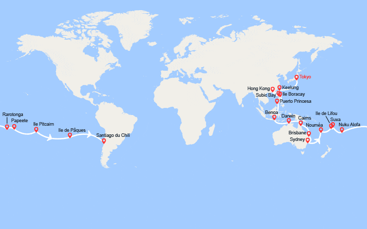 Carte itinéraire croisière Tronçon du Tour du Monde 2026 : de Tokyo à Santiago du Chili