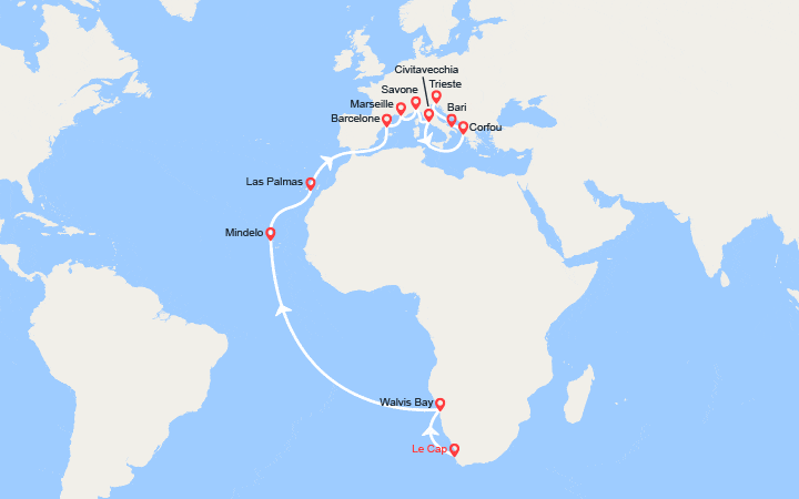 Carte itinéraire croisière Tronçon du Tour du Monde 2026 : du Cap à Trieste