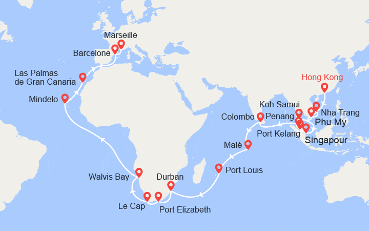 Carte itinéraire croisière Tronçon du Tour du Monde 2027 : de Hong Kong à Marseille
