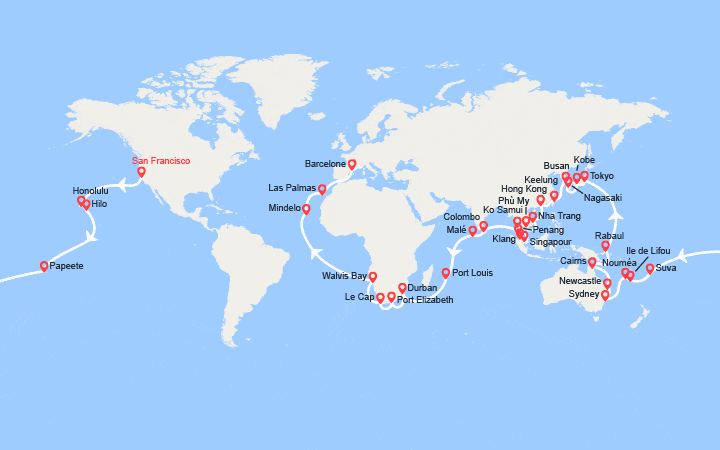 Carte itinéraire croisière Tronçon du Tour du Monde 2027 : de San Francisco à Barcelone