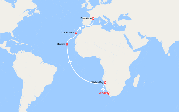 Carte itinéraire croisière Tronçon du Tour du Monde 2027 : du Cap à Barcelone