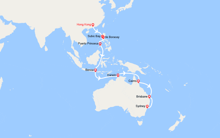 Carte itinéraire croisière Tronçon du Tour du Monde : De Hong Kong à Sydney