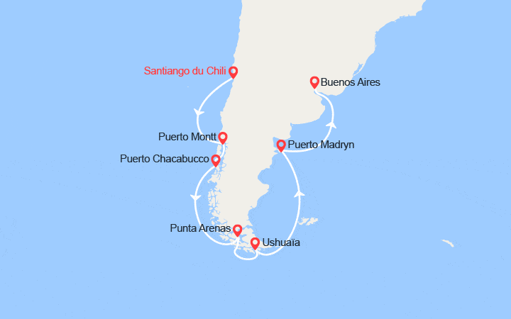 Carte itinéraire croisière Tronçon du Tour du Monde : De Santiago du Chili à Buenos Aires