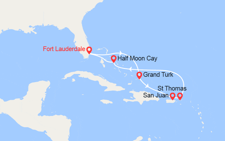 Carte itinéraire croisière Turks-et-Caïcos, Porto Rico, Îles Vierges américaines