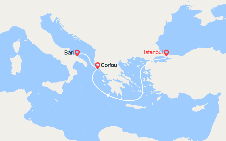 Carte itinéraire croisière Turquie, Grèce : De Istanbul à Bari