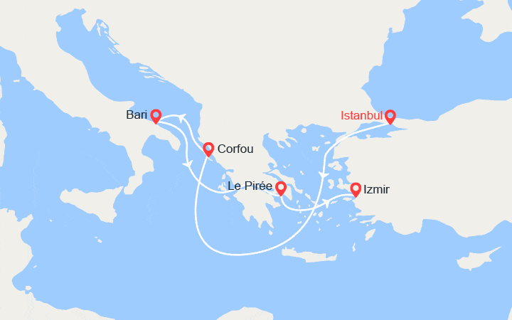 Carte itinéraire croisière Turquie, Grèce, Italie