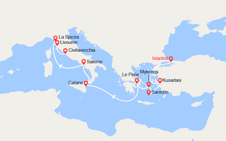 Carte itinéraire croisière Turquie, Grèce, Italie