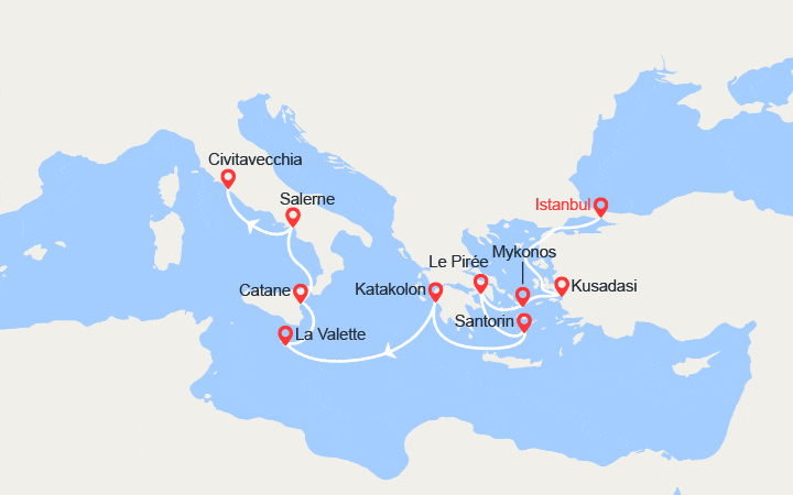 Carte itinéraire croisière Turquie, Grèce, Italie