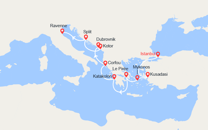 Carte itinéraire croisière Turquie, Îles grecques, Croatie, Monténégro, Italie