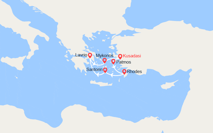 Carte itinéraire croisière Turquie, îles Grecques, Grèce