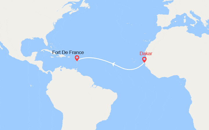 Carte itinéraire croisière Voyage en Mer : Dakar - Fort-de-France